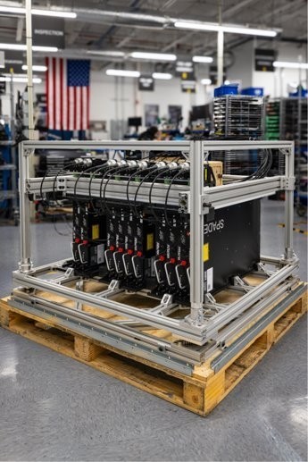 A Valaris high-energy laser subsystem crated on a pallet on the factory floor in Bloomfield, Connecticut.